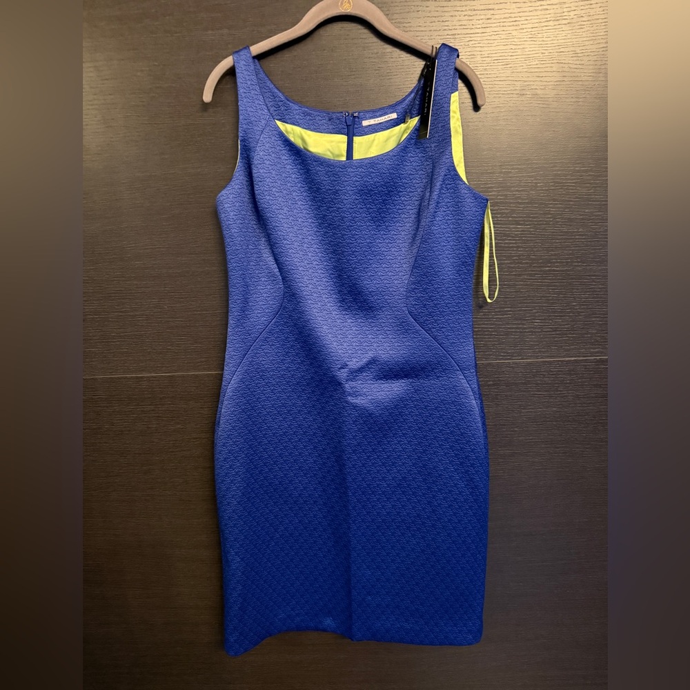 T Tahari Textured Blue Dress with Bright Yellow Accent